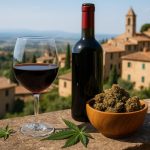 Bottles of Italian wine alongside CBD products on a rustic table setting