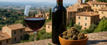 Bottles of Italian wine alongside CBD products on a rustic table setting