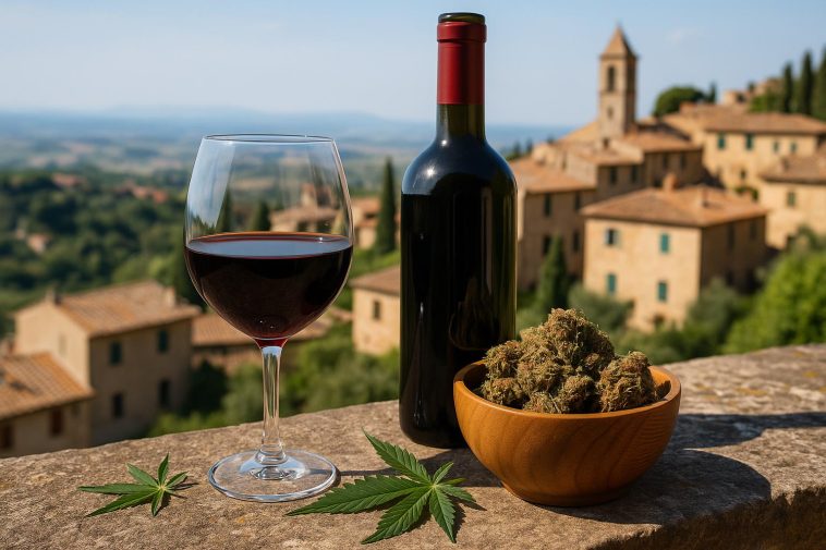 Bottles of Italian wine alongside CBD products on a rustic table setting