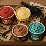 Colorful ice cream box with mysterious designs and clues inspired by a murder mystery theme