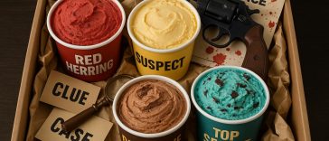 Colorful ice cream box with mysterious designs and clues inspired by a murder mystery theme