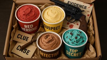 Colorful ice cream box with mysterious designs and clues inspired by a murder mystery theme