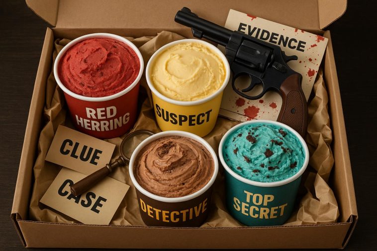 Colorful ice cream box with mysterious designs and clues inspired by a murder mystery theme