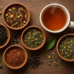 Assorted tea blends in cups and jars displayed on a wooden table for choosing the right tea