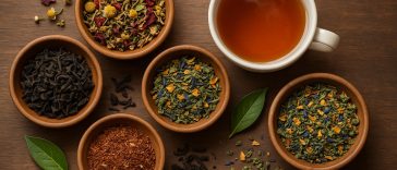 Assorted tea blends in cups and jars displayed on a wooden table for choosing the right tea