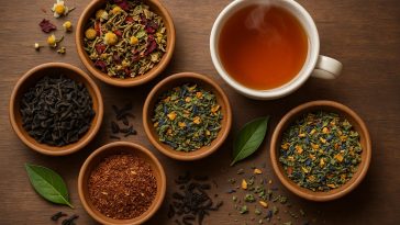 Assorted tea blends in cups and jars displayed on a wooden table for choosing the right tea