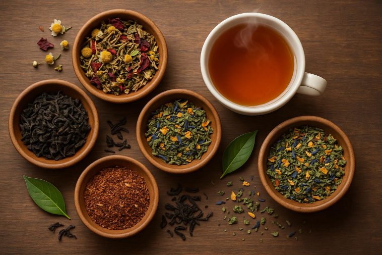 Assorted tea blends in cups and jars displayed on a wooden table for choosing the right tea