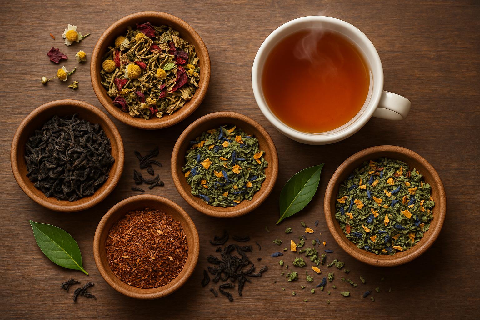 Assorted tea blends in cups and jars displayed on a wooden table for choosing the right tea