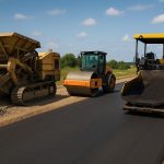 Road construction equipment performing crushing, compaction, and paving processes in sequence