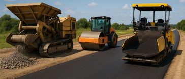 Road construction equipment performing crushing, compaction, and paving processes in sequence