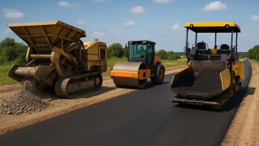 Road construction equipment performing crushing, compaction, and paving processes in sequence