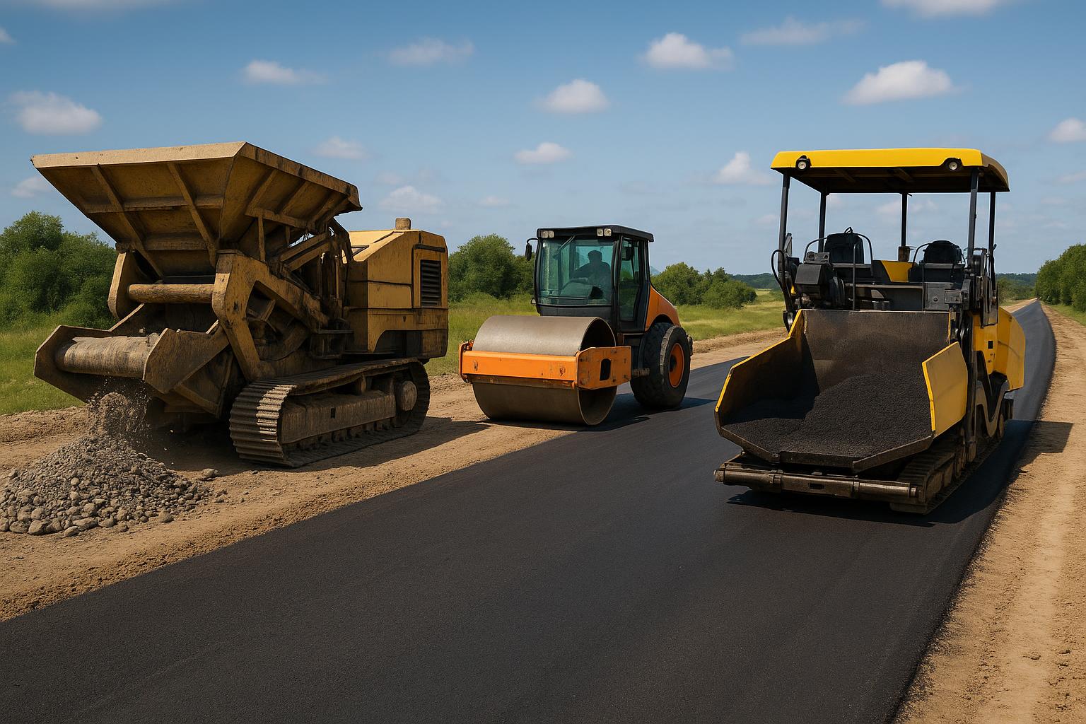 Road construction equipment performing crushing, compaction, and paving processes in sequence