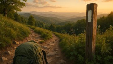 Appalachian Trail winding through forested mountains under clear sky, showcasing hiking options