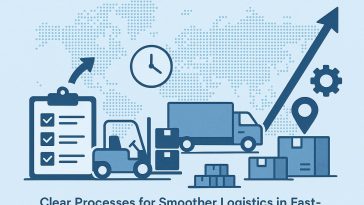 Modern warehouse streamlining logistics with organized inventory and efficient transportation systems