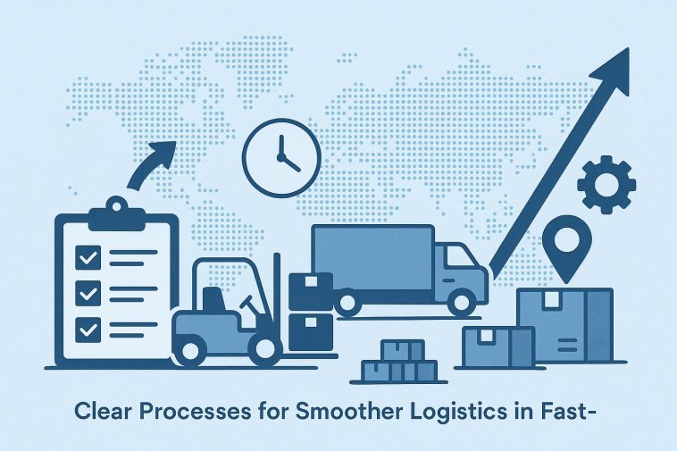 Modern warehouse streamlining logistics with organized inventory and efficient transportation systems