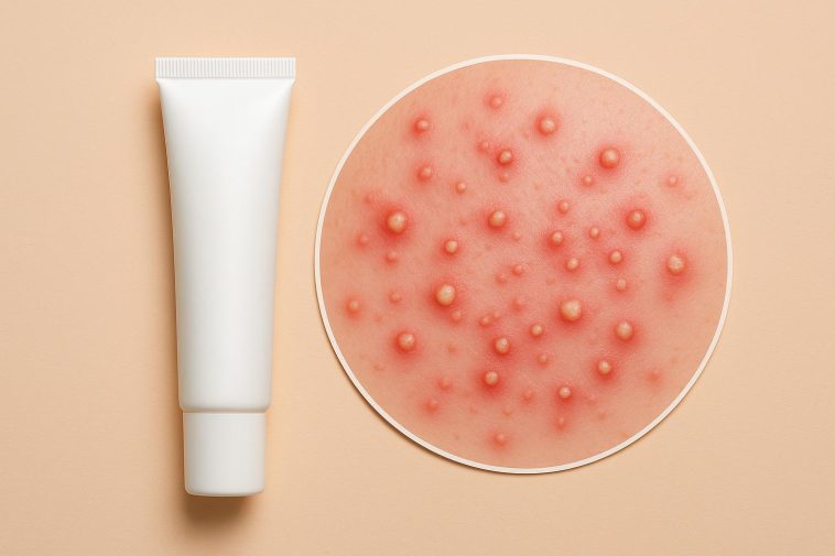 Close-up of pustular acne on skin, highlighting healing and skincare treatment techniques