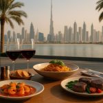 Elegant Dubai restaurant table setting with wine glasses, gourmet dishes, and city skyline backdrop