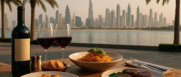 Elegant Dubai restaurant table setting with wine glasses, gourmet dishes, and city skyline backdrop