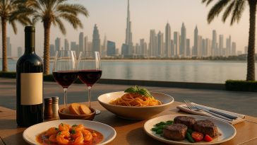 Elegant Dubai restaurant table setting with wine glasses, gourmet dishes, and city skyline backdrop