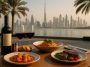 Elegant Dubai restaurant table setting with wine glasses, gourmet dishes, and city skyline backdrop