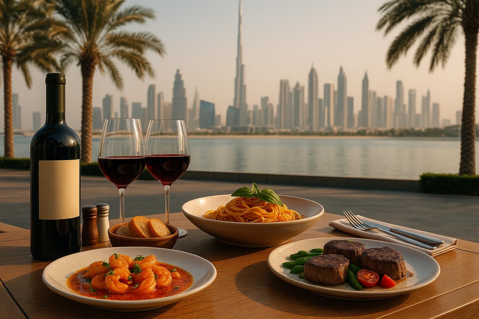 Elegant Dubai restaurant table setting with wine glasses, gourmet dishes, and city skyline backdrop