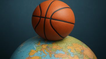Basketball court with international flags highlighting global career opportunities in the sport