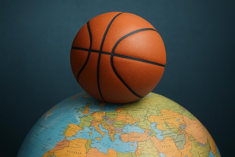 Basketball court with international flags highlighting global career opportunities in the sport