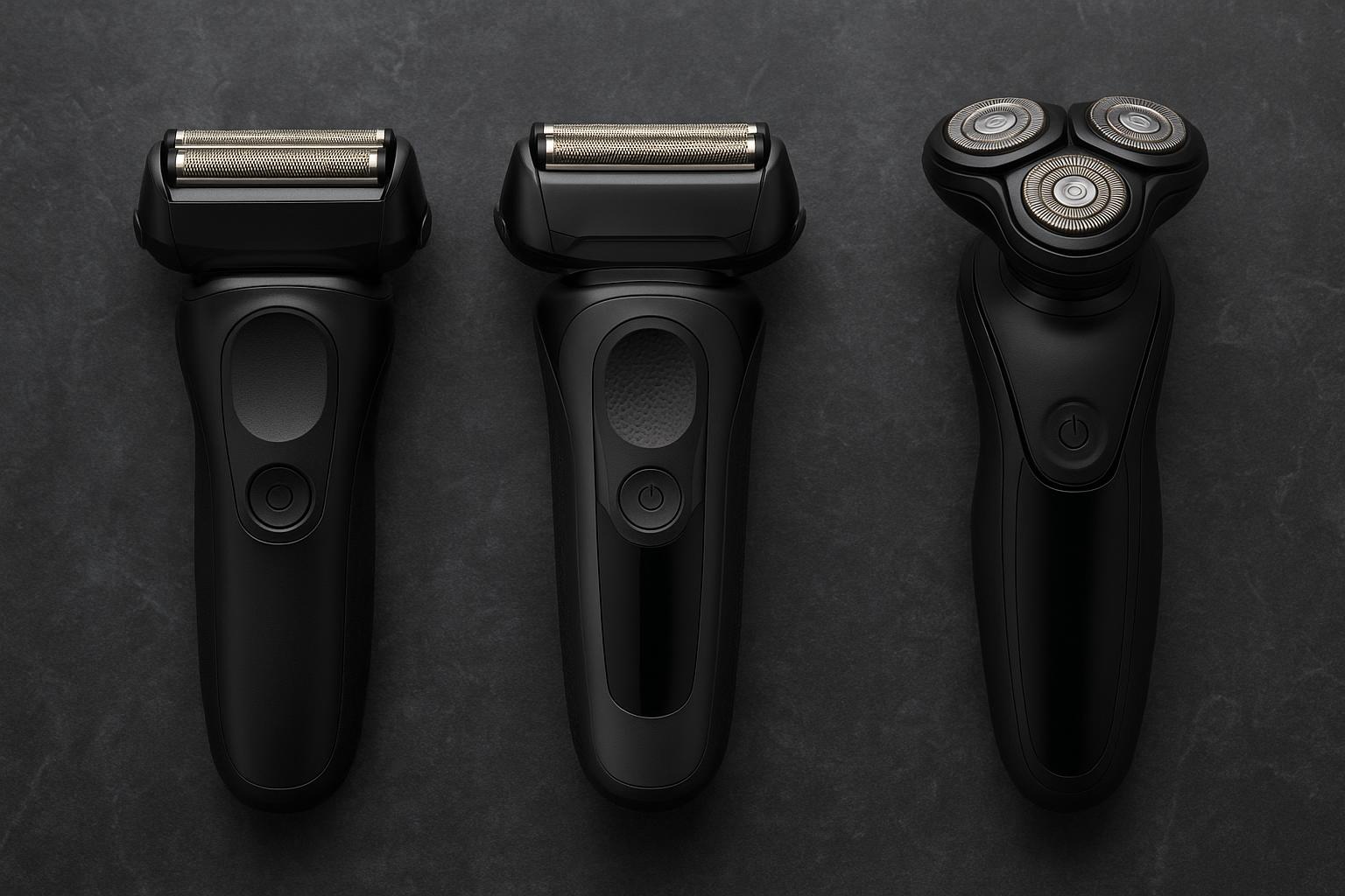 Electric shavers for coarse facial hair displayed on a bathroom counter with grooming accessories