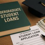 Stack of college textbooks with graduation cap and loan application for undergraduate student loans
