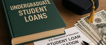 Stack of college textbooks with graduation cap and loan application for undergraduate student loans