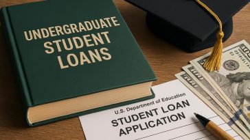 Stack of college textbooks with graduation cap and loan application for undergraduate student loans
