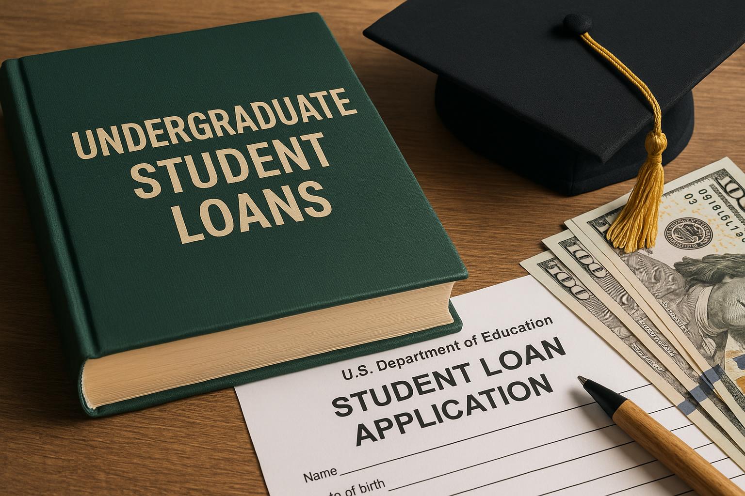 Stack of college textbooks with graduation cap and loan application for undergraduate student loans