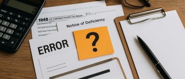 Tax professional reviewing documents and calculator to help ensure accurate tax filing