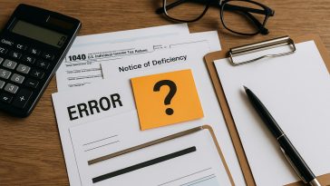 Tax professional reviewing documents and calculator to help ensure accurate tax filing