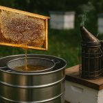 Beekeeper extracting honey from a hive using safe harvesting tools and protective gear