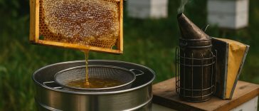 Beekeeper extracting honey from a hive using safe harvesting tools and protective gear