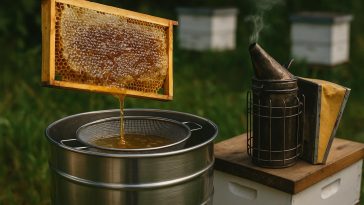 Beekeeper extracting honey from a hive using safe harvesting tools and protective gear