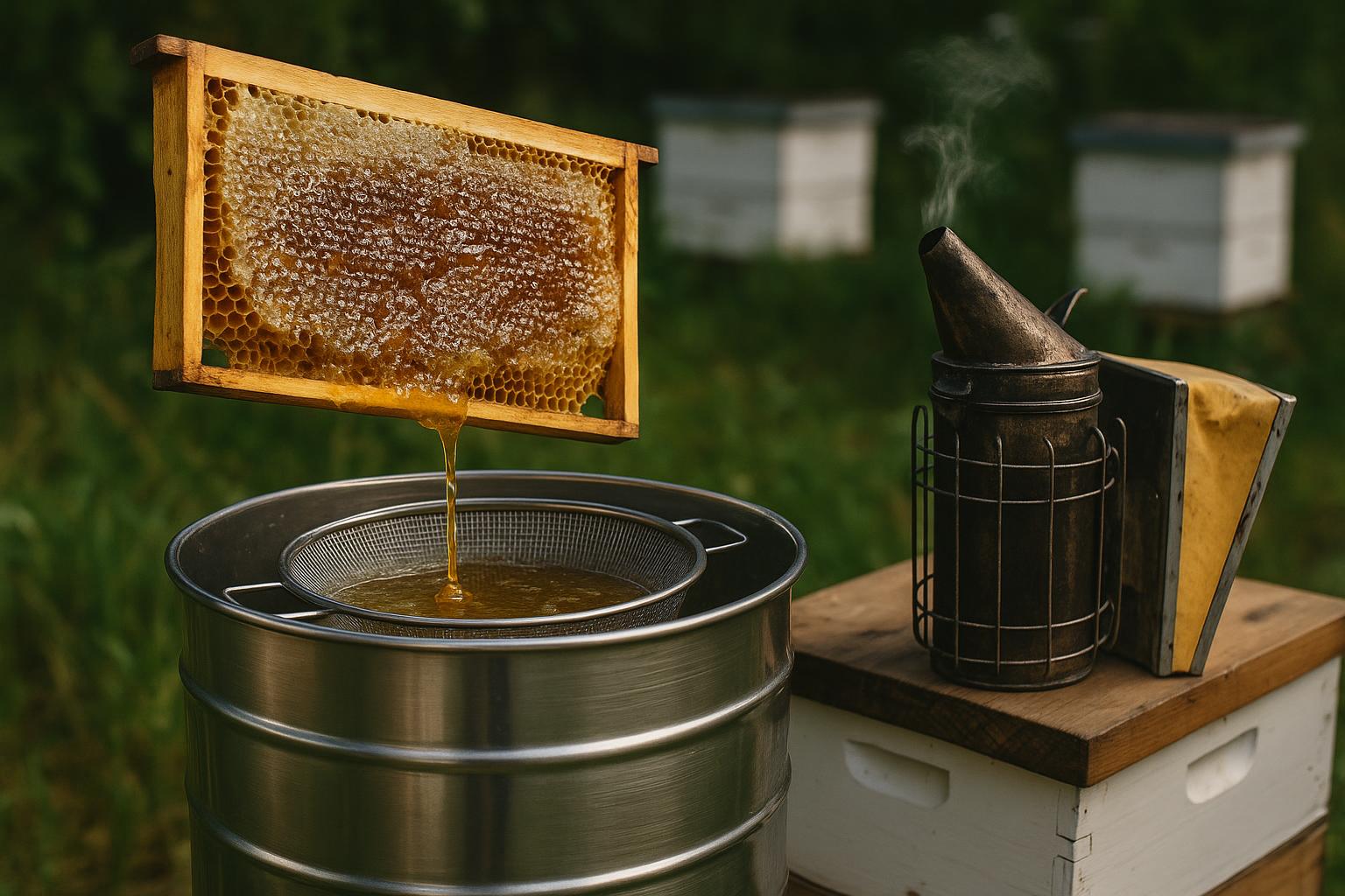 Beekeeper extracting honey from a hive using safe harvesting tools and protective gear