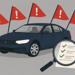 Car dashboard warning lights and accident damage highlighting vehicle history check importance