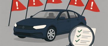 Car dashboard warning lights and accident damage highlighting vehicle history check importance