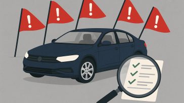 Car dashboard warning lights and accident damage highlighting vehicle history check importance