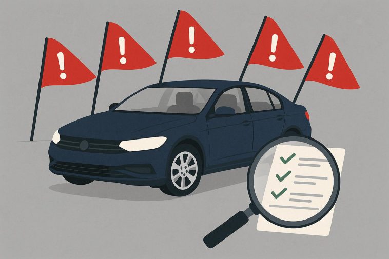 Car dashboard warning lights and accident damage highlighting vehicle history check importance