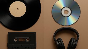 Vinyl records and digital audio equipment side by side illustrating analogue vs digital music