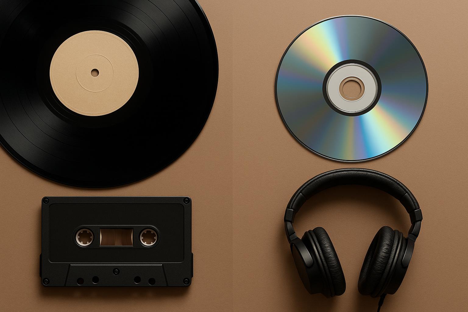 Vinyl records and digital audio equipment side by side illustrating analogue vs digital music