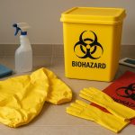 Protective gear, cleaning supplies, and biohazard symbols representing biohazard cleaning services
