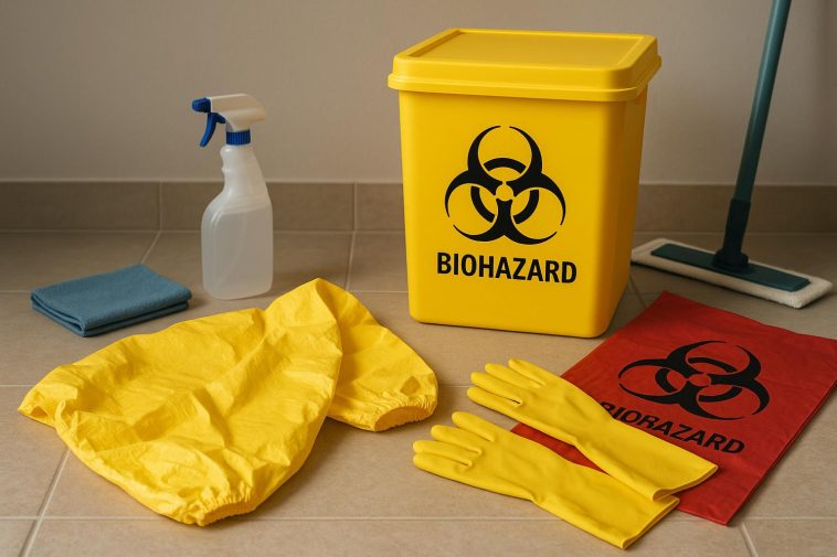 Protective gear, cleaning supplies, and biohazard symbols representing biohazard cleaning services