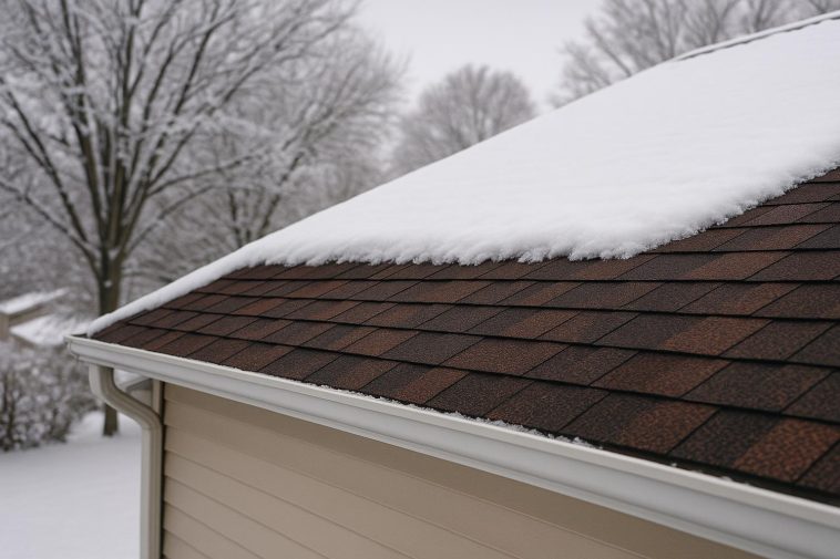 Snow-covered roof in Northeast Ohio with icicles, showcasing winter preparation and maintenance