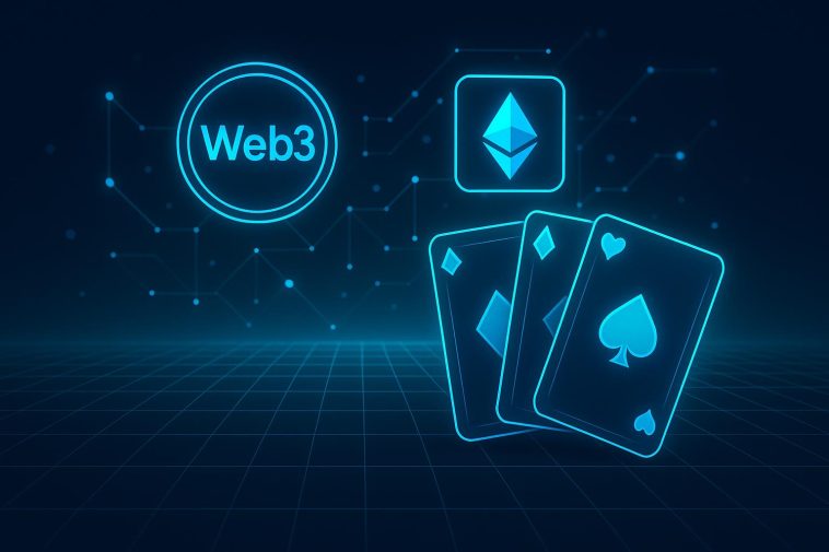 Digital cards and blockchain icons illustrating the ecosystem of modern Web3 card games