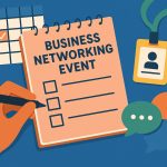 Business networking event planning concept with notepads, coffee, and networking materials on a table