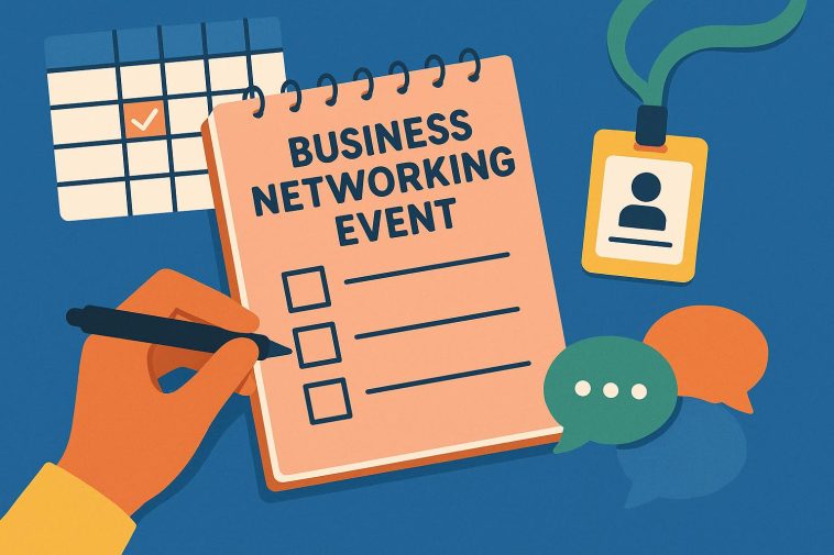 Business networking event planning concept with notepads, coffee, and networking materials on a table